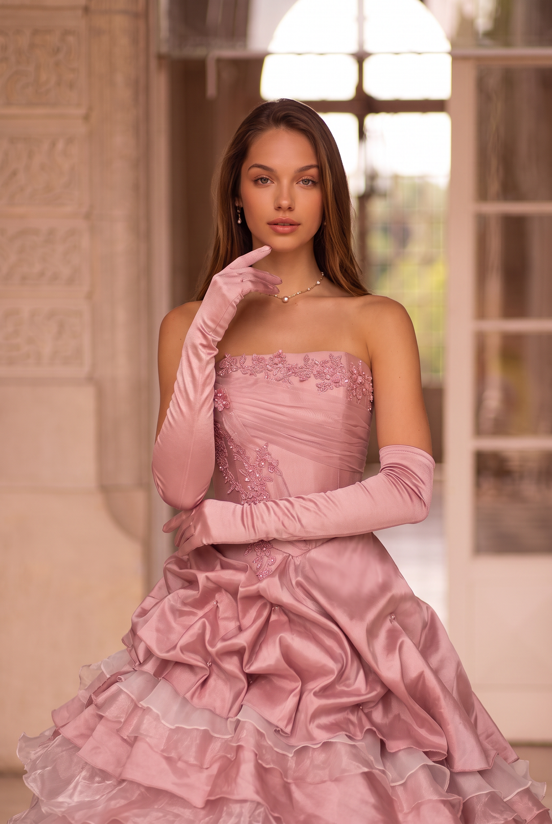 Pink Layered Tulle Ruffle Dress with Embroidery – Strapless Evening Dress with Corset Back Plus Size
