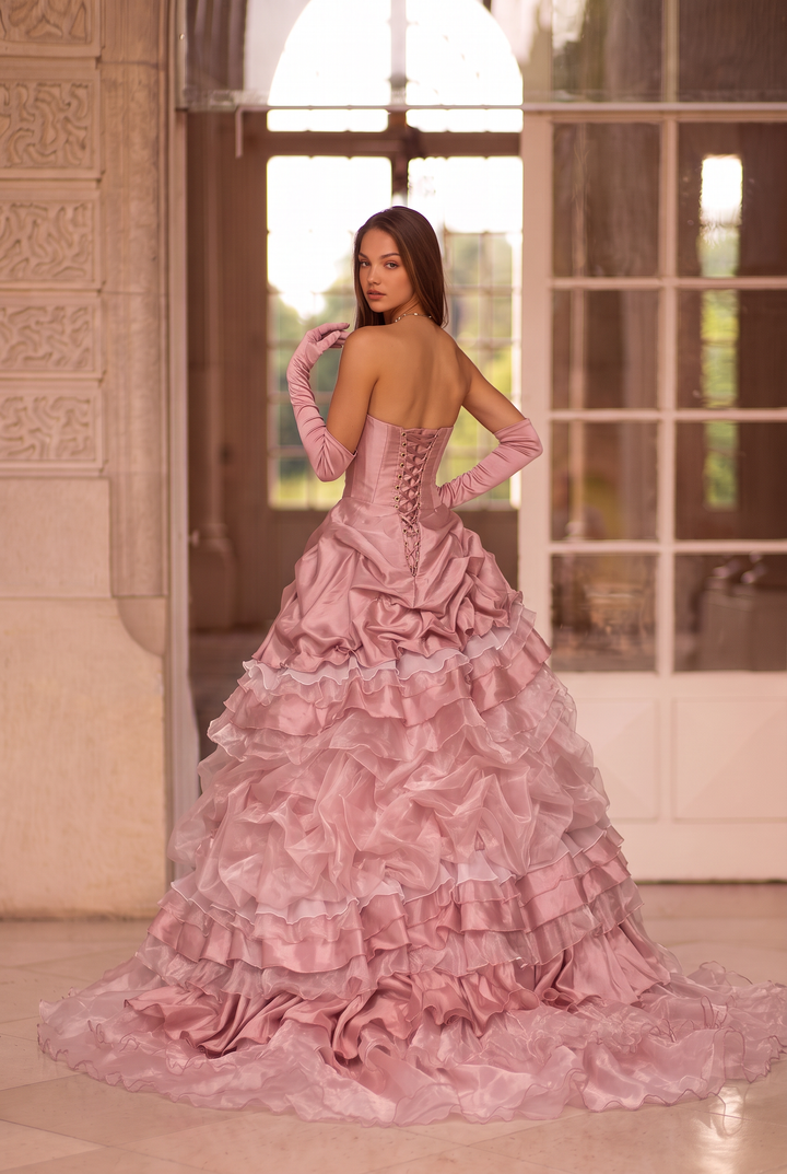 Pink Layered Tulle Ruffle Dress with Embroidery – Strapless Evening Dress with Corset Back Plus Size