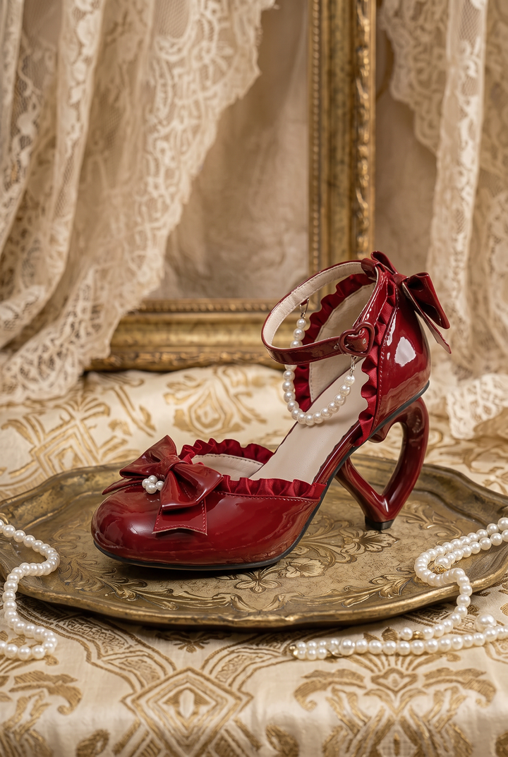 Handmade Vintage-Inspired Rococo Ivory Patent PU Mary Jane Heels with Heart-Shaped Heel and Pearl Details