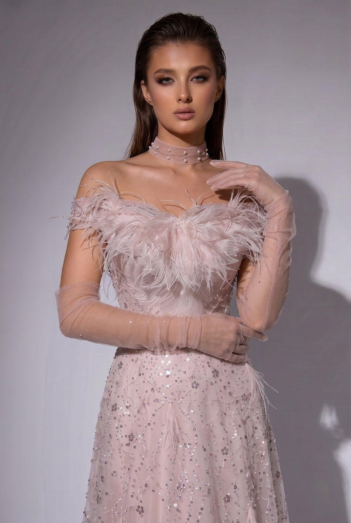 Pink Off-Shoulder Sequined Sheath Gown with Feathered Tulle Accents