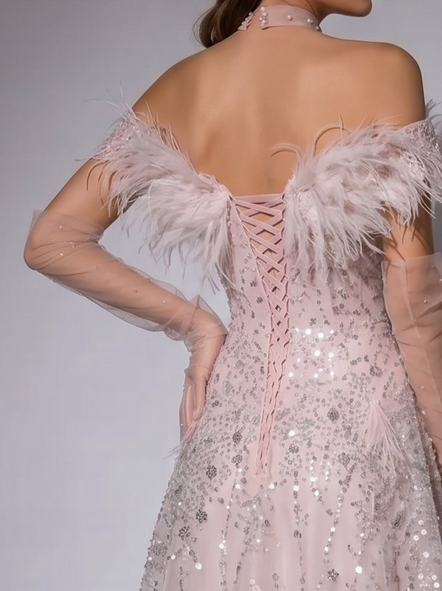 Pink Off-Shoulder Sequined Sheath Gown with Feathered Tulle Accents
