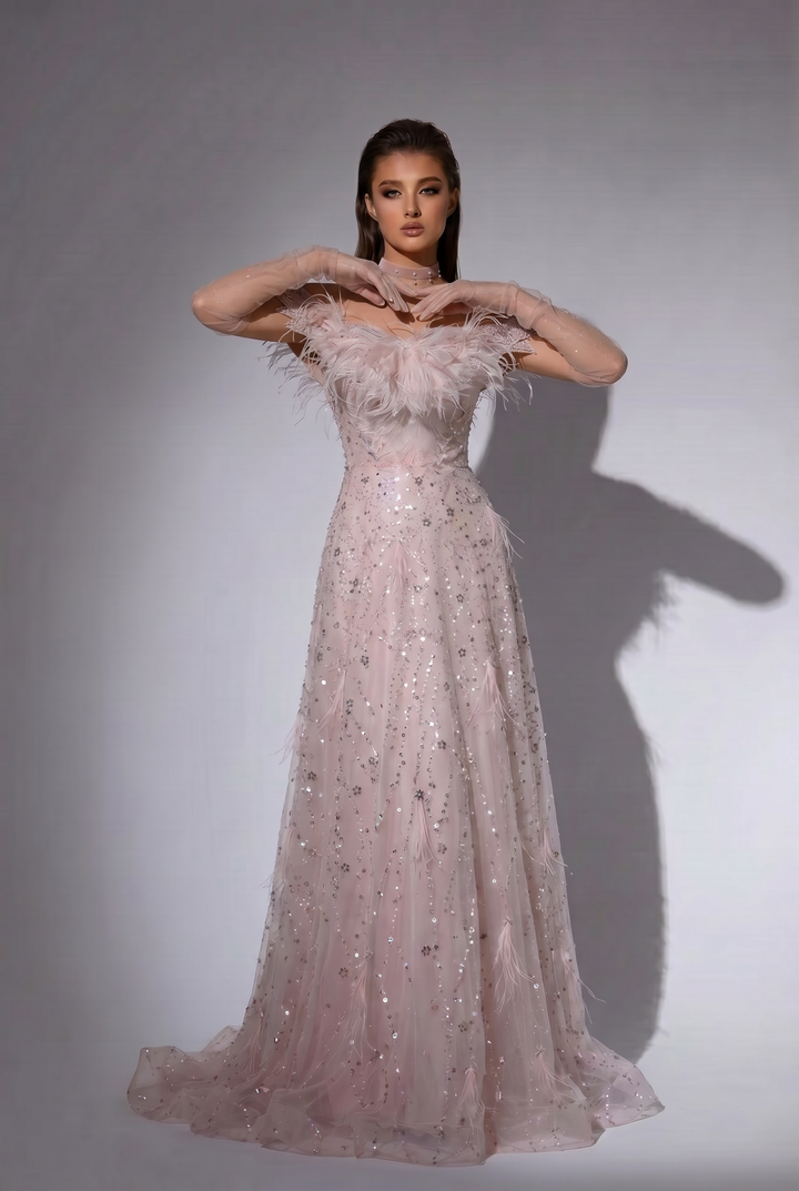 Pink Off-Shoulder Sequined Sheath Gown with Feathered Tulle Accents