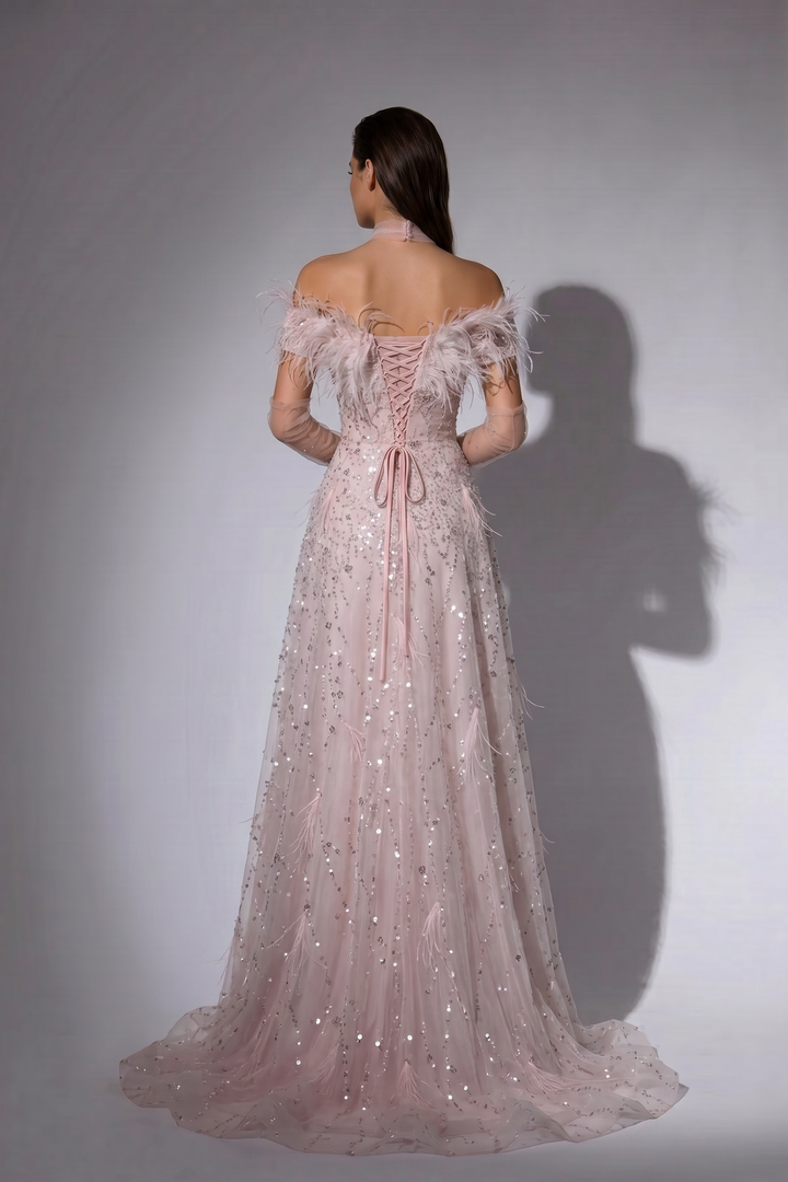 Pink Off-Shoulder Sequined Sheath Gown with Feathered Tulle Accents