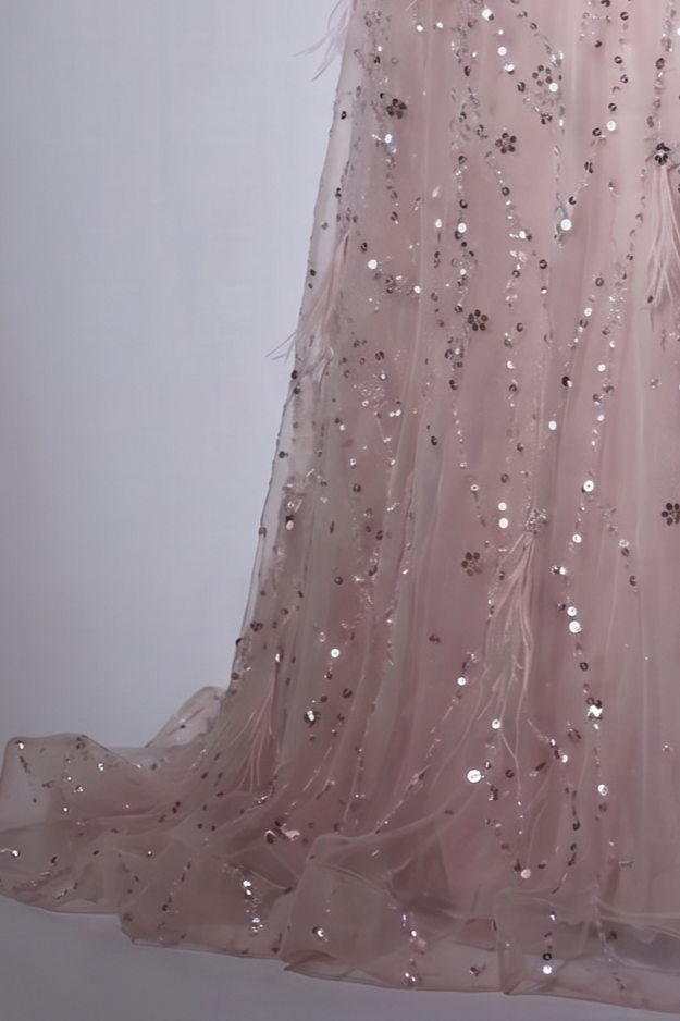 Pink Off-Shoulder Sequined Sheath Gown with Feathered Tulle Accents