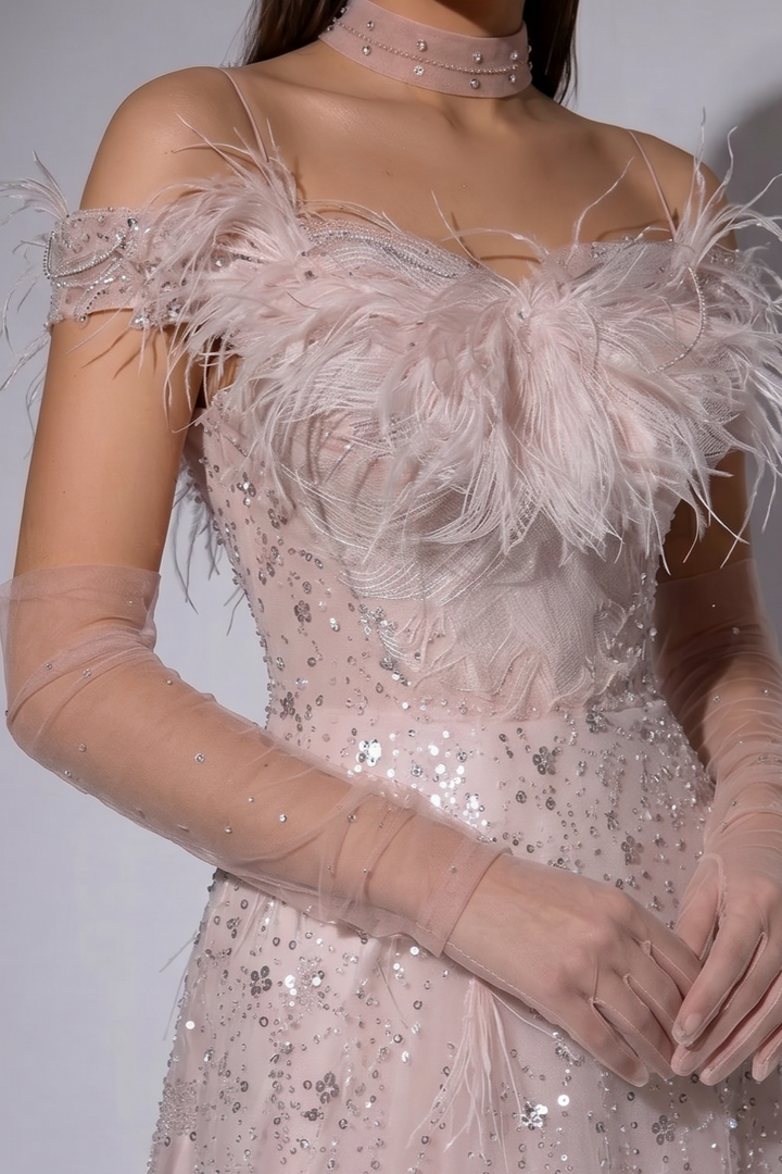 Pink Off-Shoulder Sequined Sheath Gown with Feathered Tulle Accents