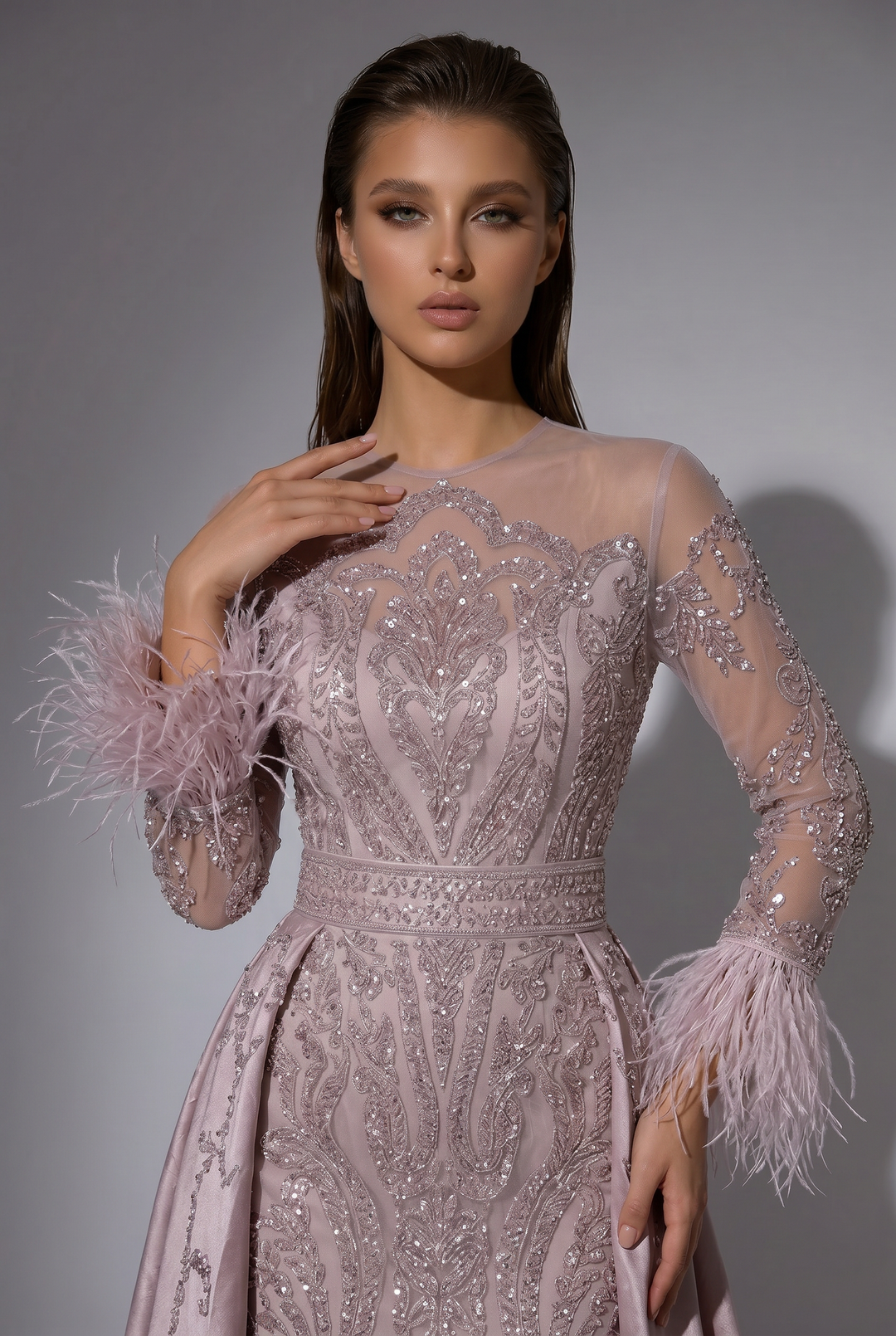 Pink Sequin Ball Gown Evening Dress and Feather Bridal Gown - Pink Evening Dress Plus Size