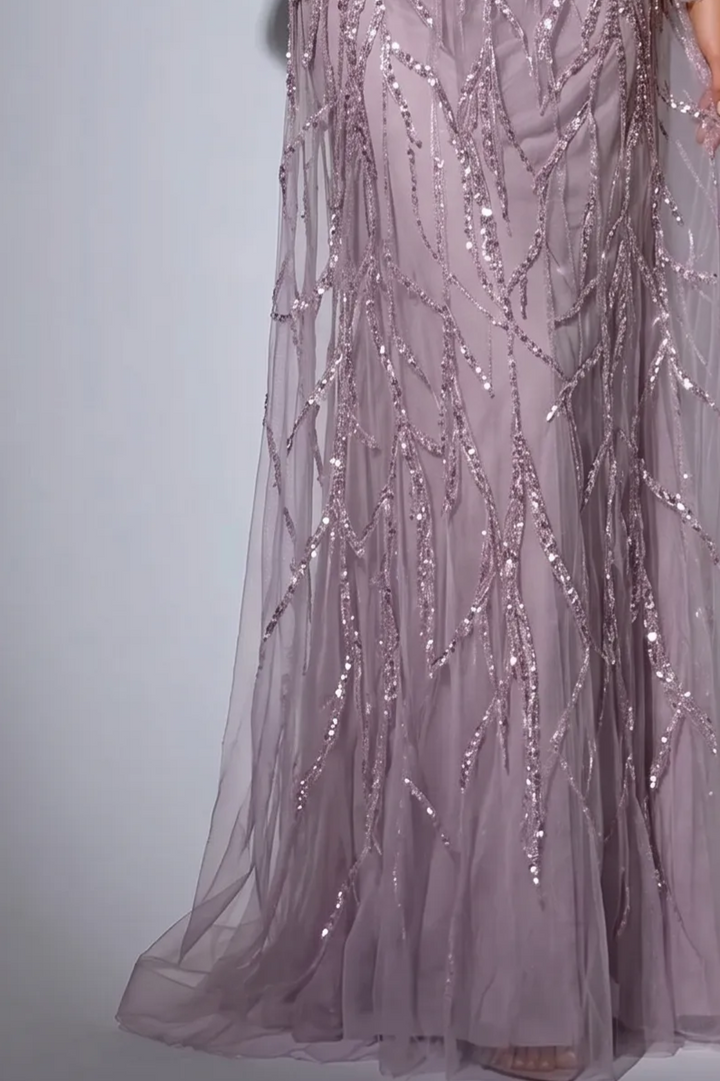 Pink Sequin Evening Gown - Pretty Sequin Dress - Convertible Pink Tulle Evening Dress with Long Sleeve Plus Size
