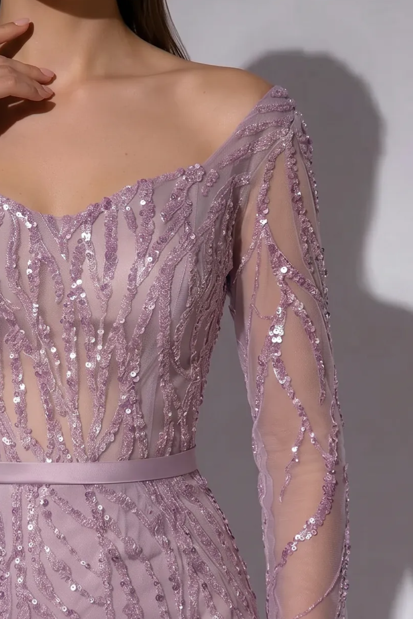 Pink Sequin Evening Gown - Pretty Sequin Dress - Convertible Pink Tulle Evening Dress with Long Sleeve Plus Size