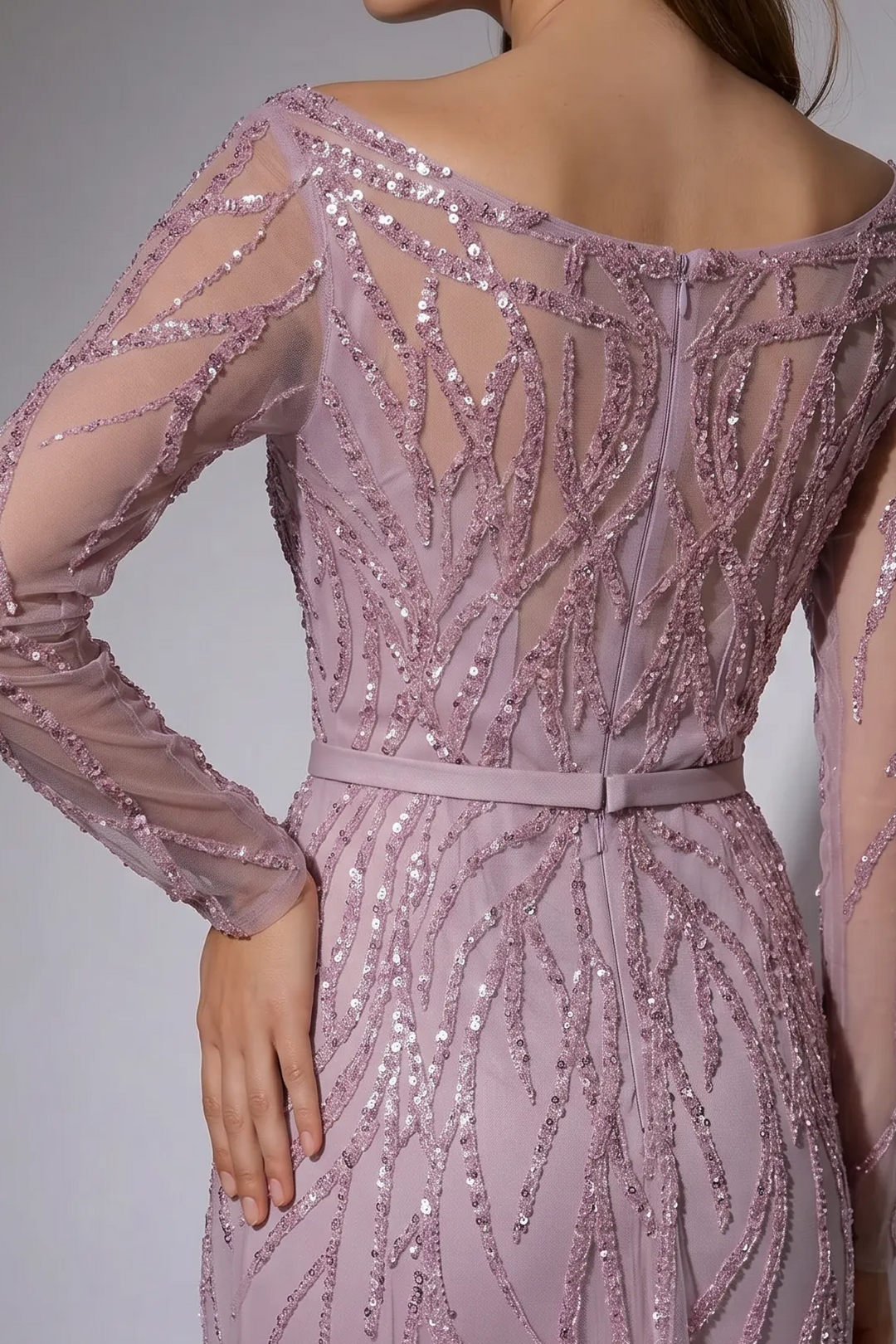 Pink Sequin Evening Gown - Pretty Sequin Dress - Convertible Pink Tulle Evening Dress with Long Sleeve Plus Size