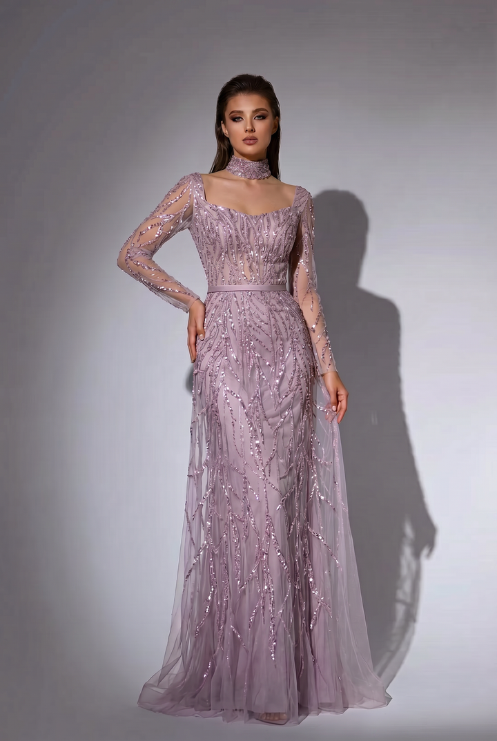 Pink Sequin Evening Gown - Pretty Sequin Dress - Convertible Pink Tulle Evening Dress with Long Sleeve Plus Size
