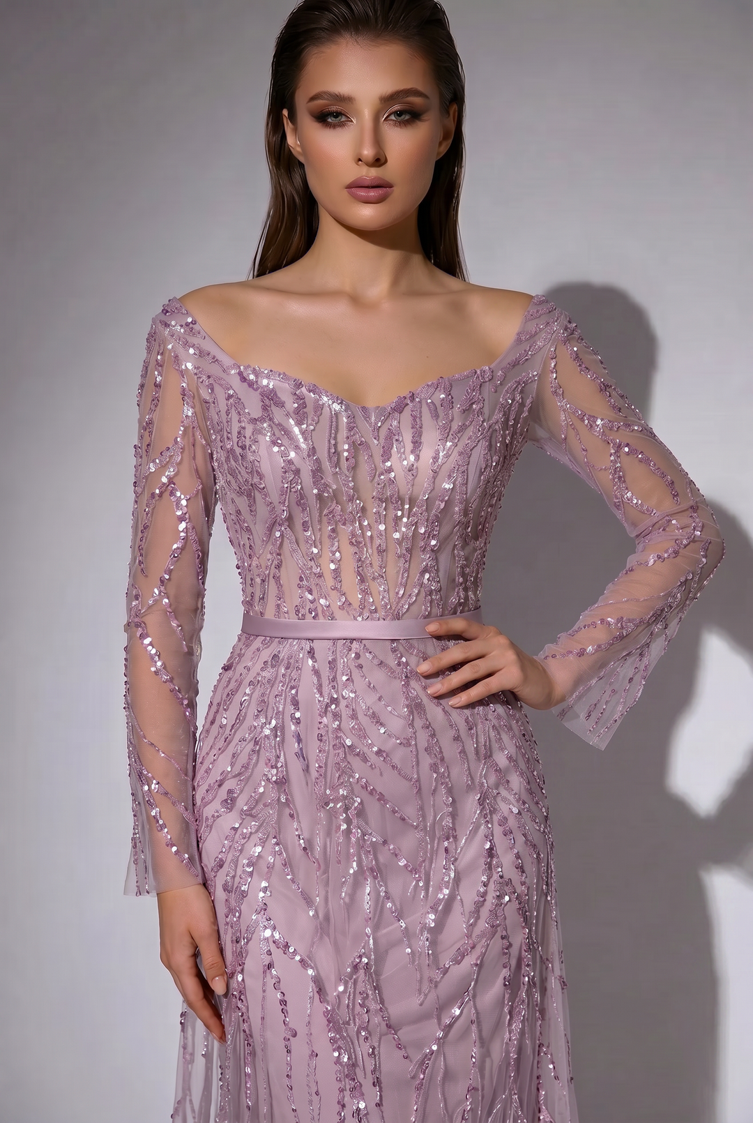 Pink Sequin Evening Gown - Pretty Sequin Dress - Convertible Pink Tulle Evening Dress with Long Sleeve Plus Size