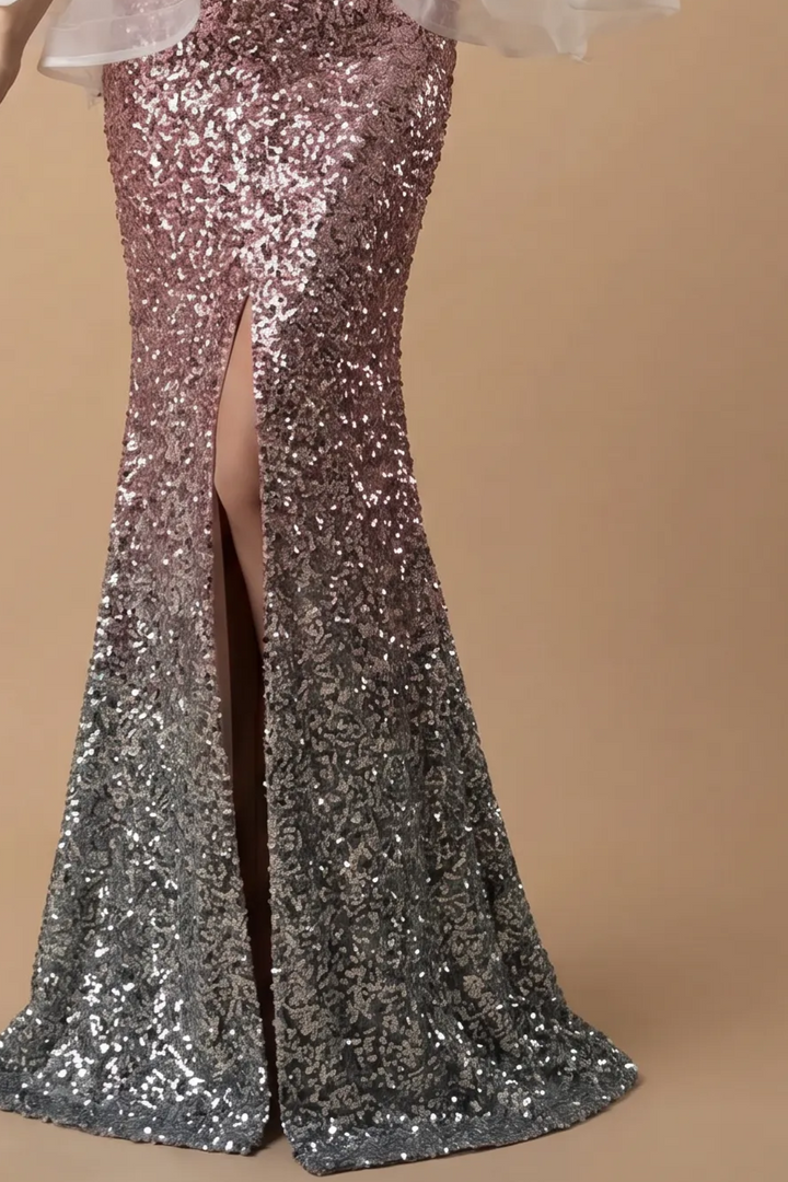 Pink Sequin Mermaid Evening Gown with Feather-Trimmed Tulle Accent and Thigh-High Slit