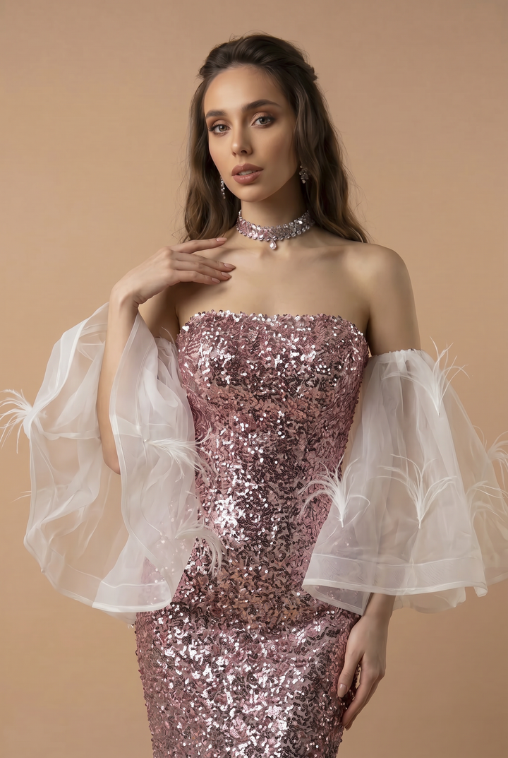 Pink Sequin Mermaid Evening Gown with Feather-Trimmed Tulle Accent and Thigh-High Slit
