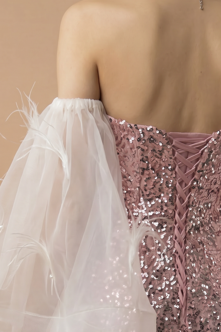 Pink Sequin Mermaid Evening Gown with Feather-Trimmed Tulle Accent and Thigh-High Slit