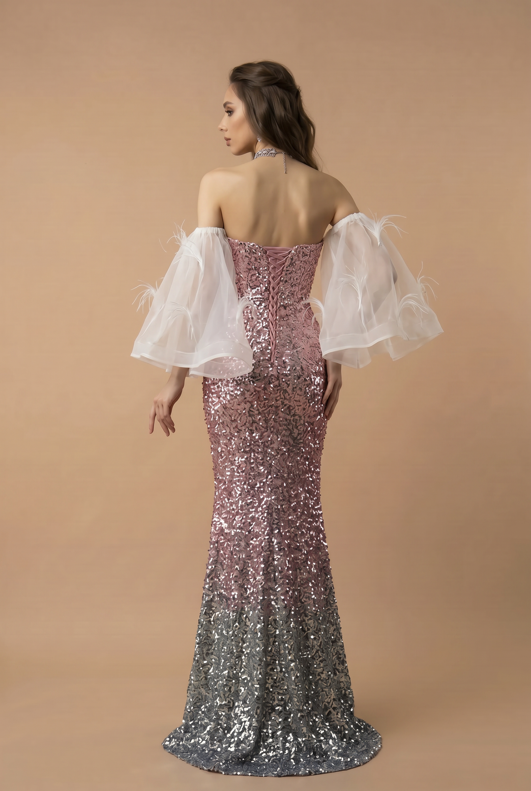 Pink Sequin Mermaid Evening Gown with Feather-Trimmed Tulle Accent and Thigh-High Slit