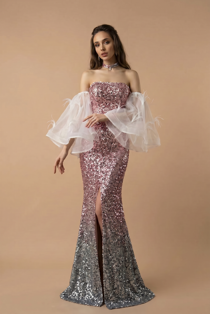 Pink Sequin Mermaid Evening Gown with Feather-Trimmed Tulle Accent and Thigh-High Slit