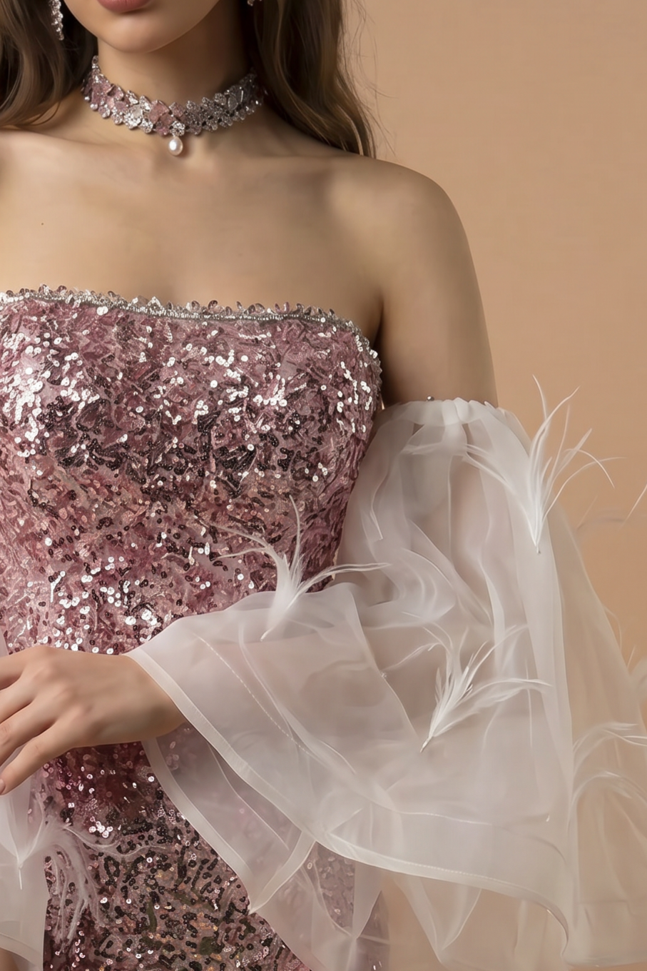 Pink Sequin Mermaid Evening Gown with Feather-Trimmed Tulle Accent and Thigh-High Slit