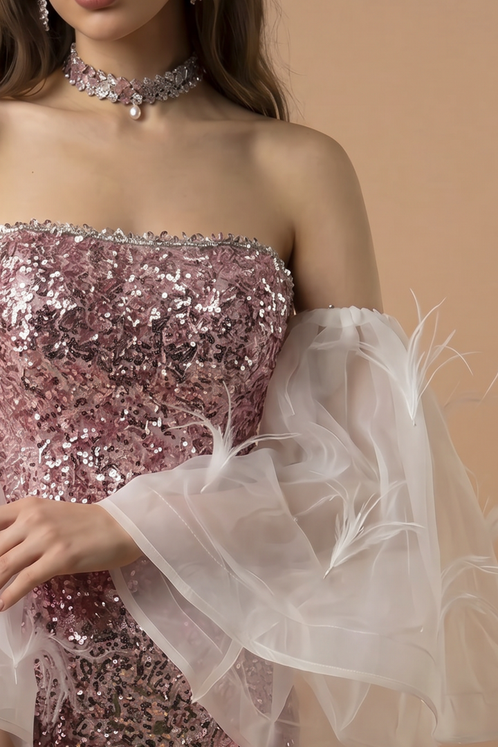 Pink Sequin Mermaid Evening Gown with Feather-Trimmed Tulle Accent and Thigh-High Slit