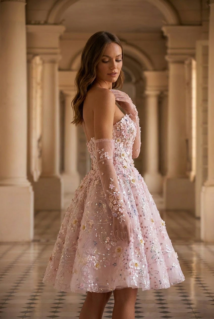Pink Short Wedding Party Dress - Floral Embellished Tulle Dress - Strapless Bridal Dress with Corset Back Plus Size