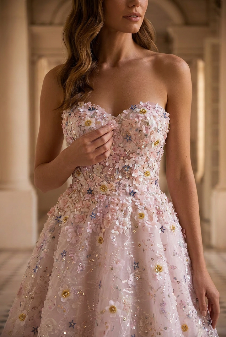 Pink Short Wedding Party Dress - Floral Embellished Tulle Dress - Strapless Bridal Dress with Corset Back Plus Size