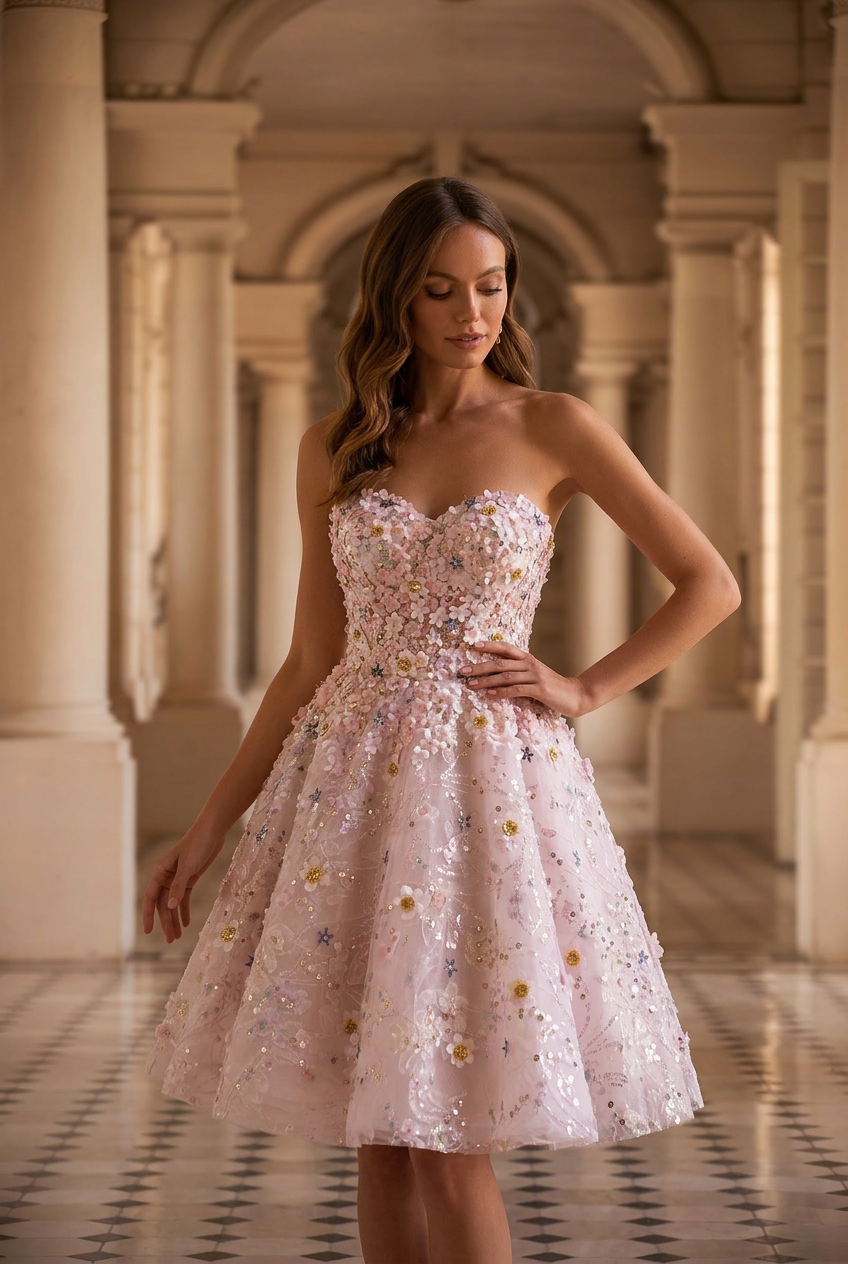 Pink Short Wedding Party Dress - Floral Embellished Tulle Dress