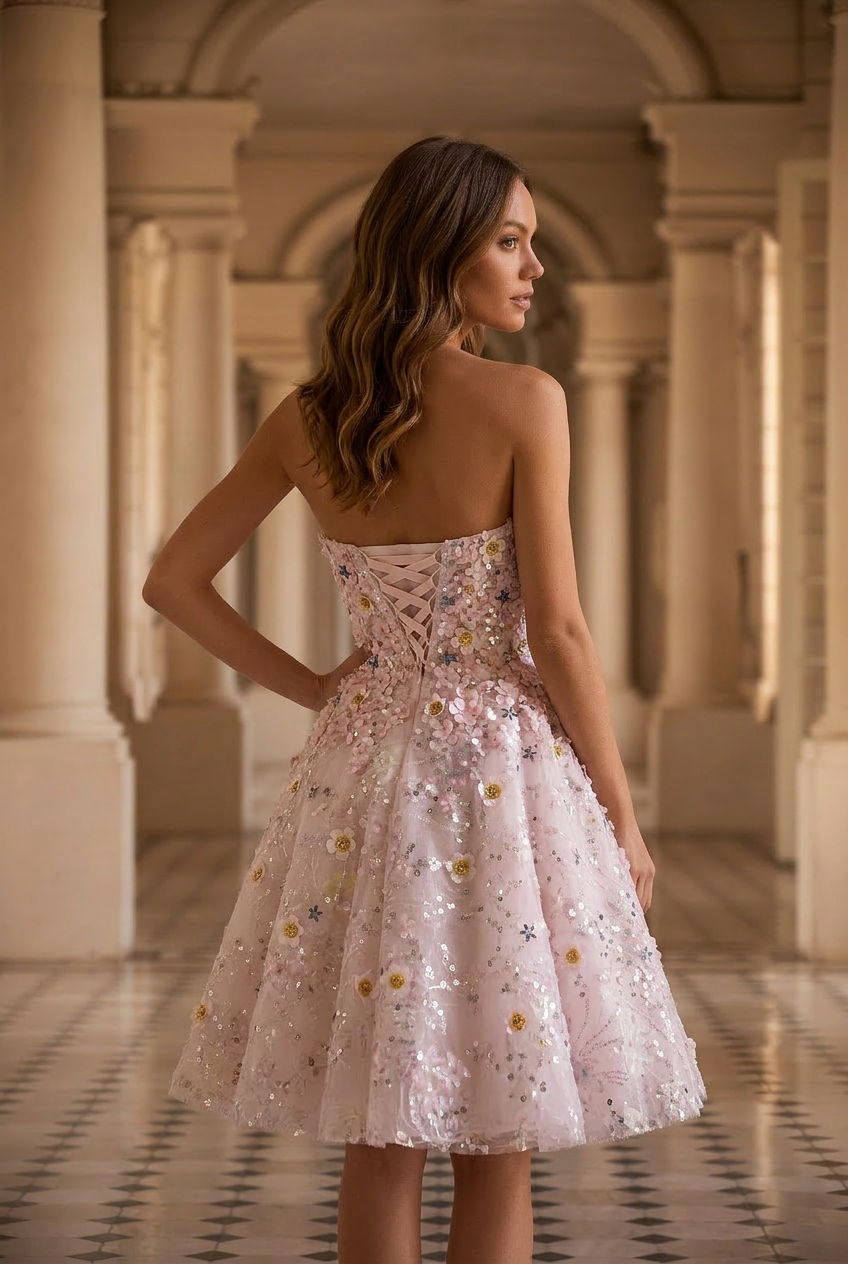 Pink Short Wedding Party Dress - Floral Embellished Tulle Dress