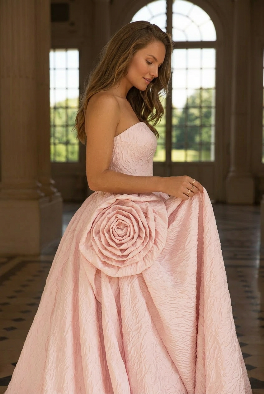Pink Strapless Ball Gown with Floral Accessories – Wedding Dress with Corset Back – Romantic Tulle Wedding Gown Plus Size