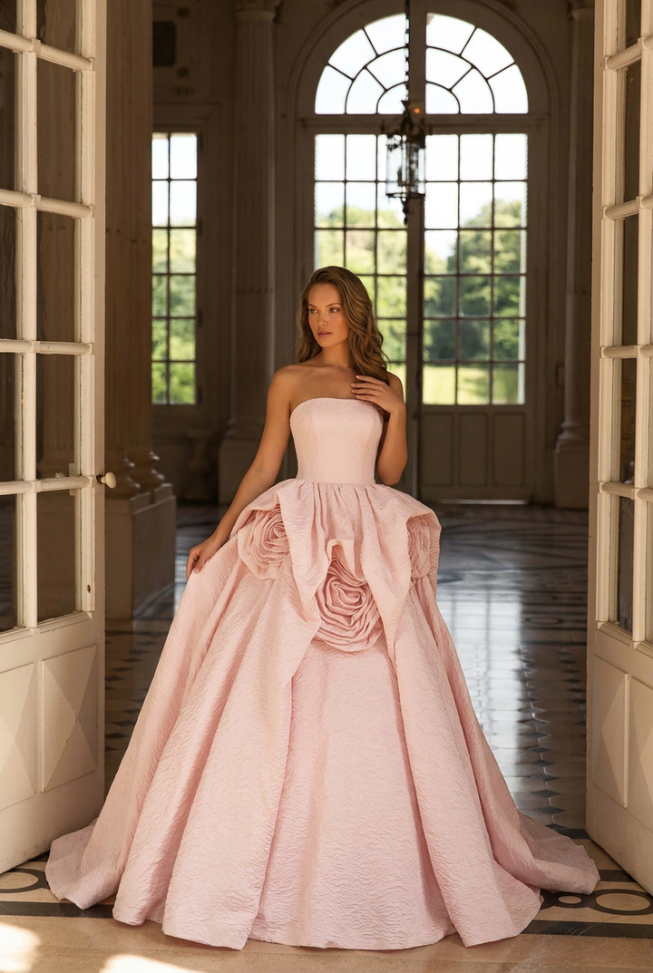 Pink Strapless Ball Gown with Floral Accessories – Wedding Dress with Corset Back – Romantic Tulle Wedding Gown Plus Size