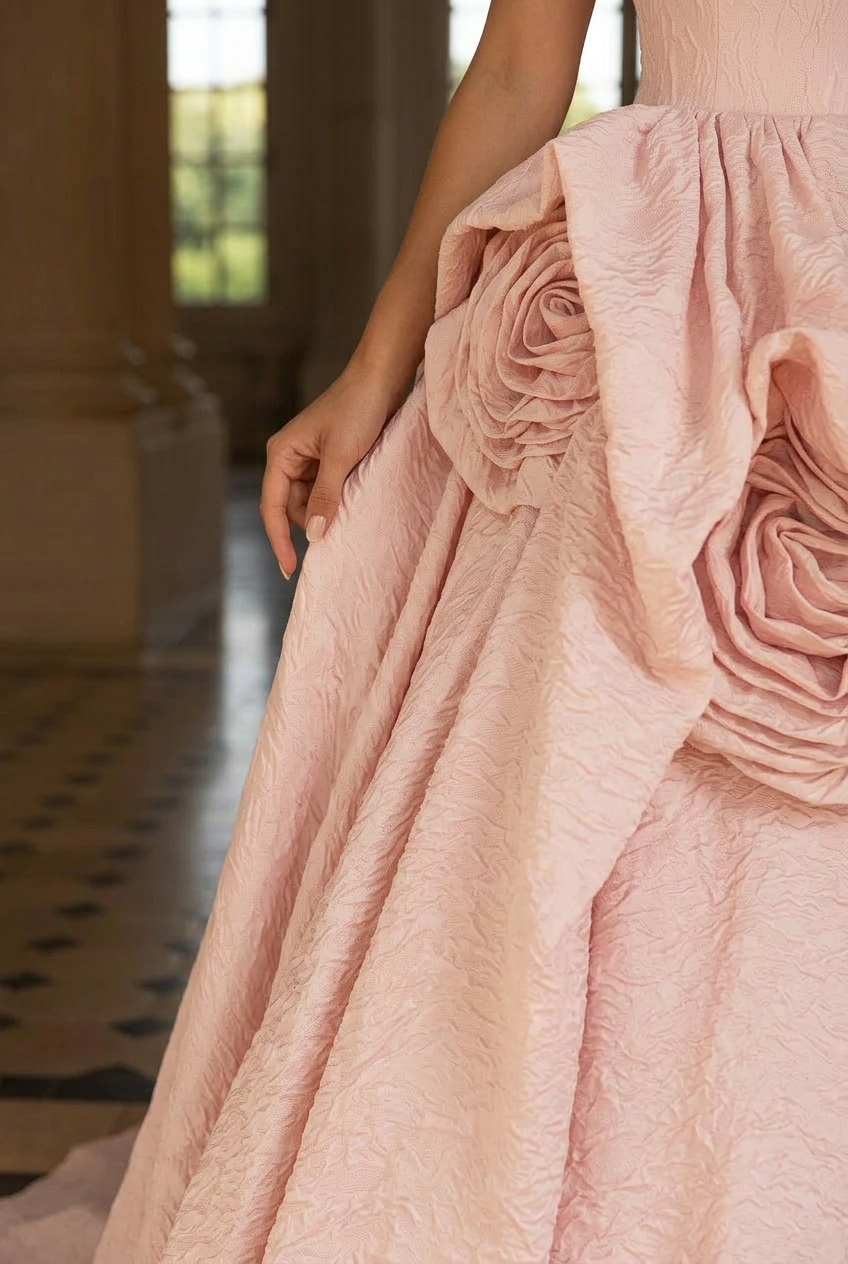 Pink Strapless Ball Gown with Floral Accessories โ Wedding Dress with Corset Back โ Romantic Tulle Wedding Gown Plus Size Size 0 / Pink