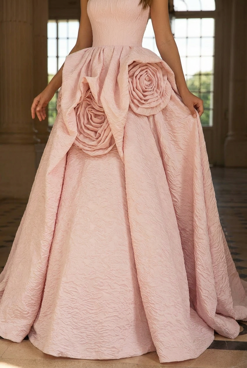 Pink Strapless Ball Gown with Floral Accessories – Wedding Dress with Corset Back – Romantic Tulle Wedding Gown Plus Size