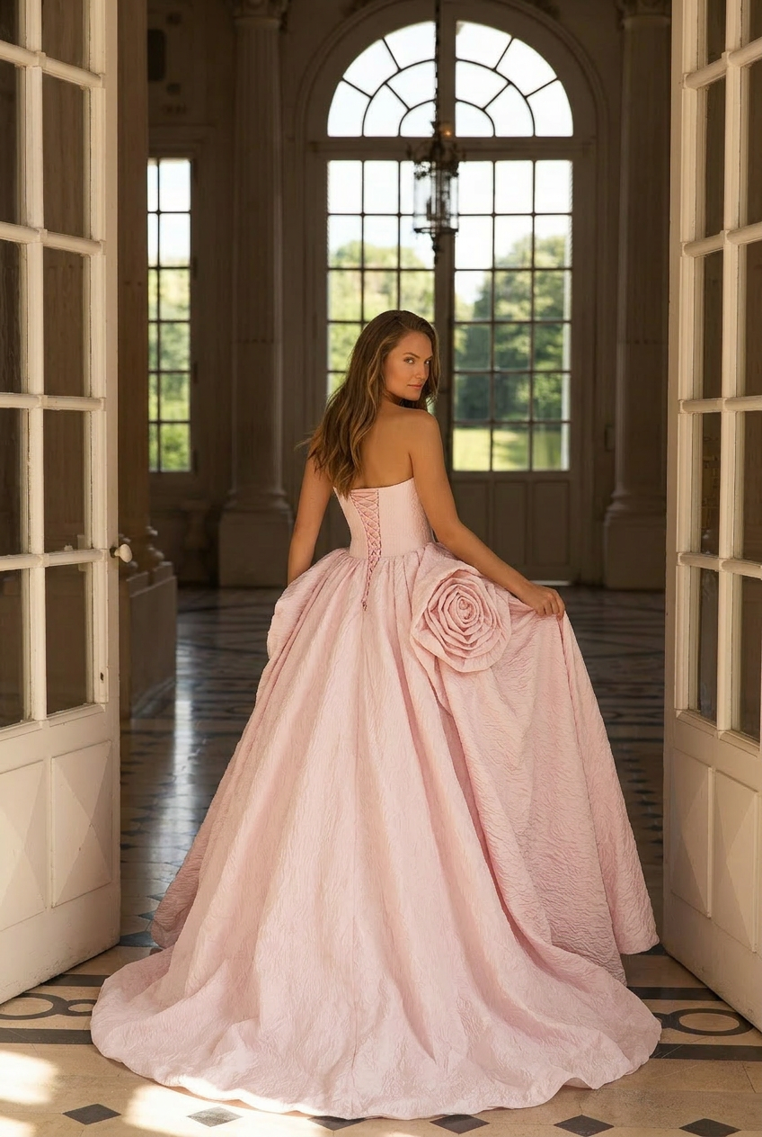 Pink Strapless Ball Gown with Floral Accessories – Wedding Dress with Corset Back – Romantic Tulle Wedding Gown Plus Size