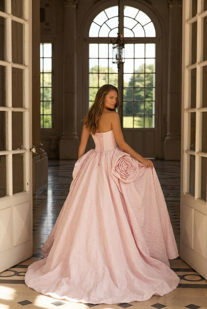 Pink Strapless Ball Gown with Floral Accessories – Wedding Dress with Corset Back – Romantic Tulle Wedding Gown Plus Size
