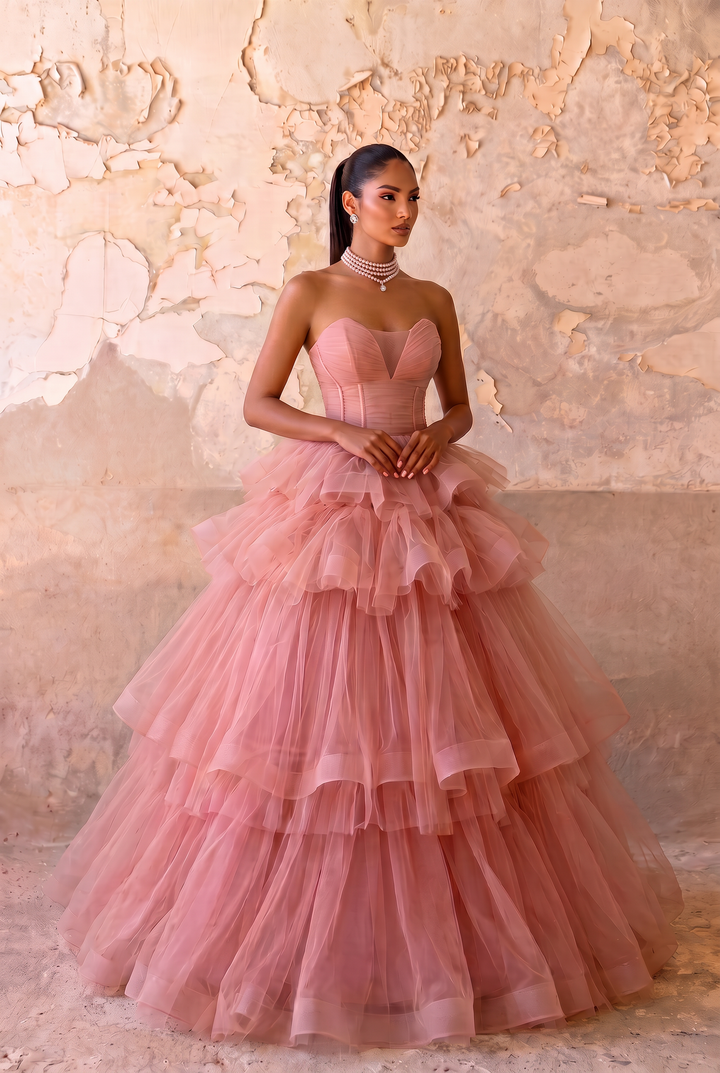 Pink Strapless Evening Ball Gown - Princess Ball Gown with Corset Back - Layered Tulle Ruffle Dress Plus Size