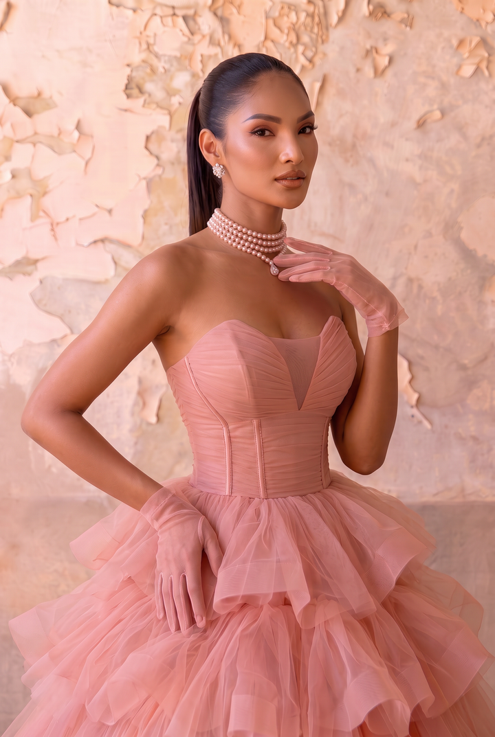 Pink Strapless Evening Ball Gown - Princess Ball Gown with Corset Back - Layered Tulle Ruffle Dress Plus Size