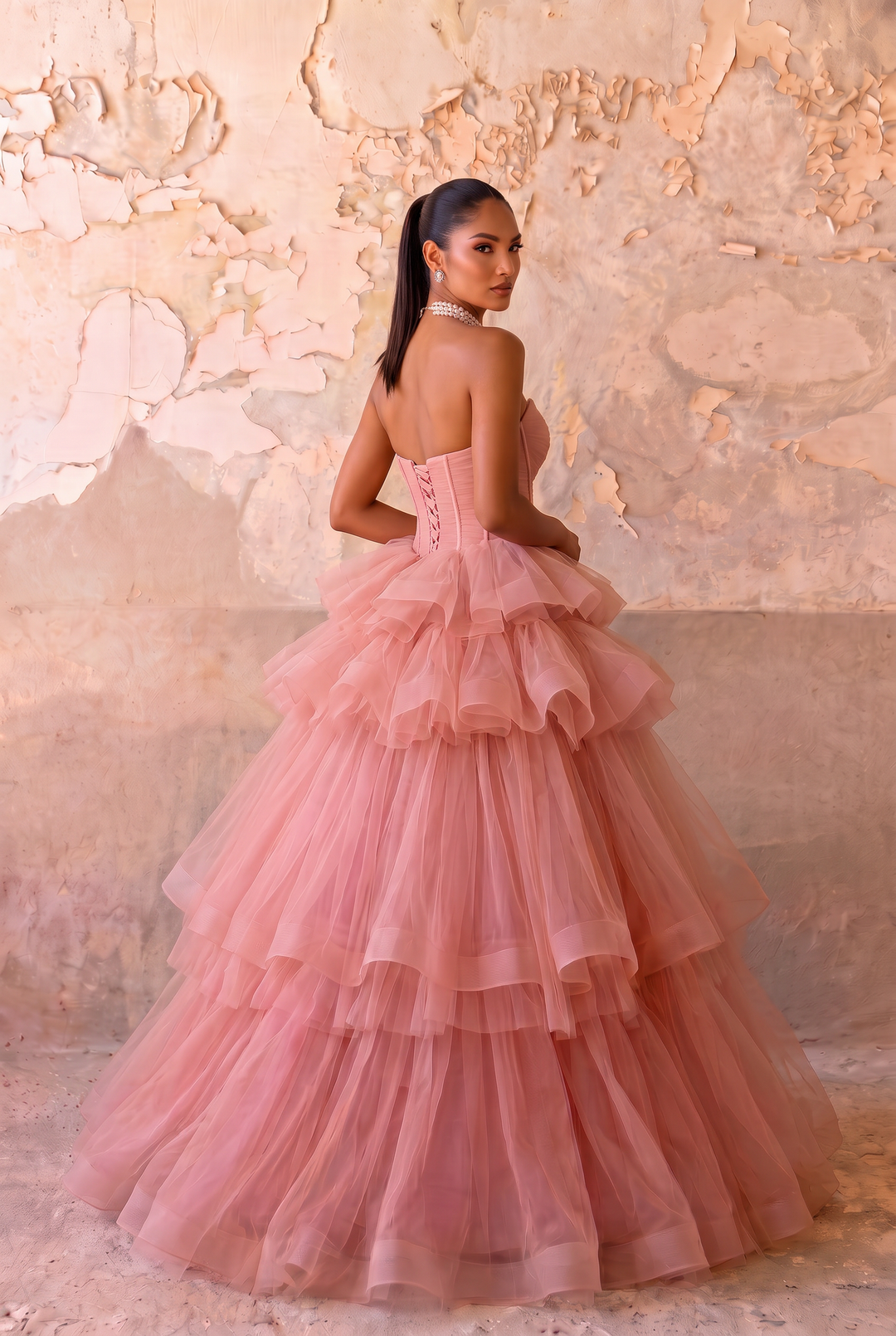 Pink Strapless Evening Ball Gown - Princess Ball Gown with Corset Back - Layered Tulle Ruffle Dress Plus Size