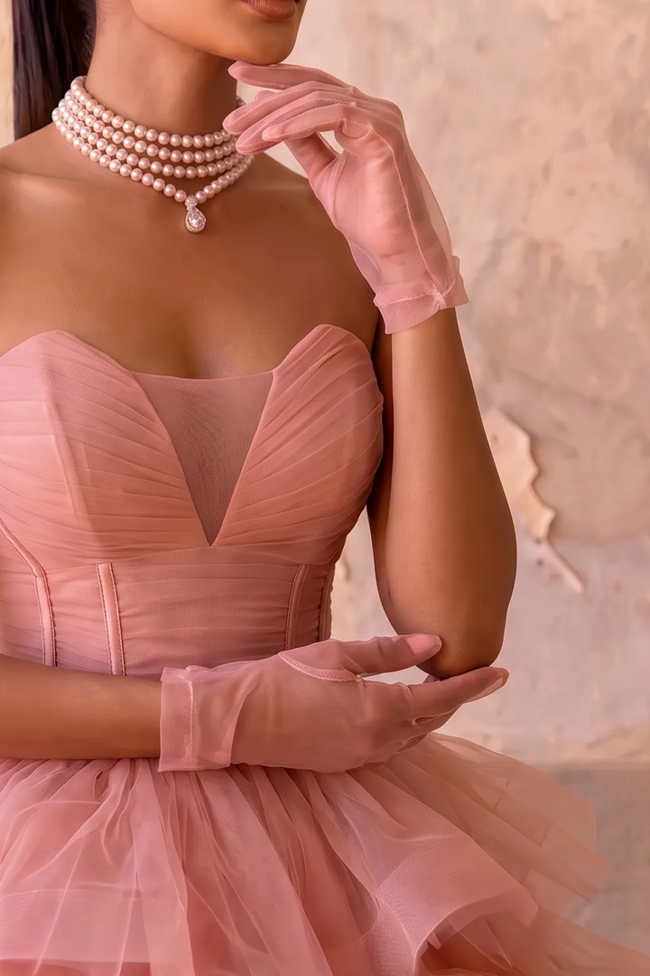Pink Strapless Evening Ball Gown - Princess Ball Gown with Corset Back - Layered Tulle Ruffle Dress Plus Size