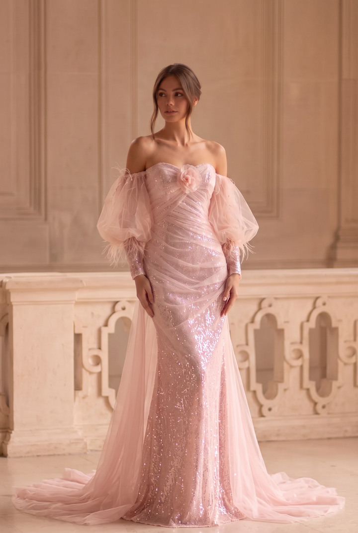 Pink Tulle Mermaid Evening Gown with Sequin Detail - Sparkly Glitter Maxi Dress - Pink Sequin Dress Plus Size