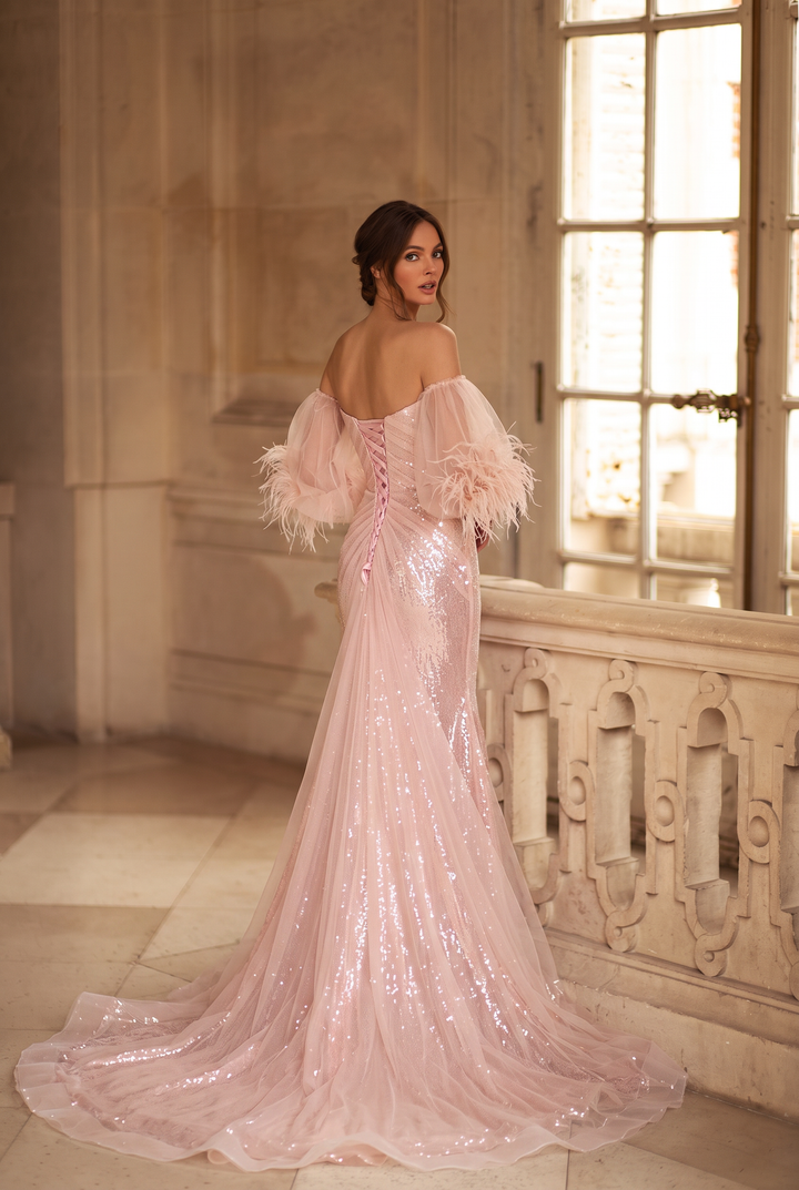 Pink Tulle Mermaid Evening Gown with Sequin Detail - Sparkly Glitter Maxi Dress - Pink Sequin Dress Plus Size