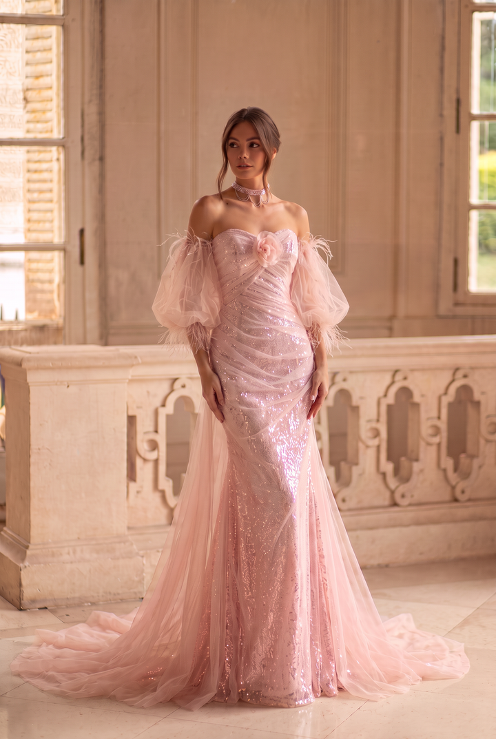 Pink Tulle Mermaid Evening Gown with Sequin Detail - Sparkly Glitter Maxi Dress - Pink Sequin Dress Plus Size