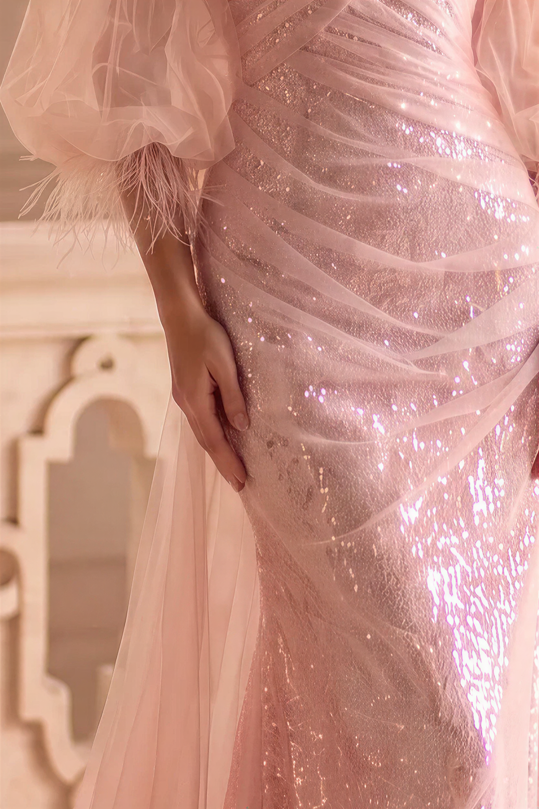 Pink Tulle Mermaid Evening Gown with Sequin Detail - Sparkly Glitter Maxi Dress - Pink Sequin Dress Plus Size
