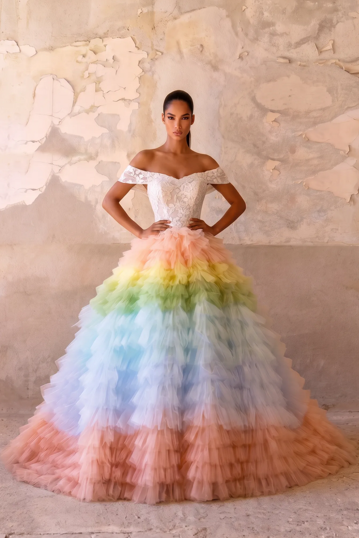 Pink and Blue Tiered Tulle Ball Gown - Off the Shoulder Ball Gown - Corset Tulle Dress with Layered Ruffle Skirt Plus Size
