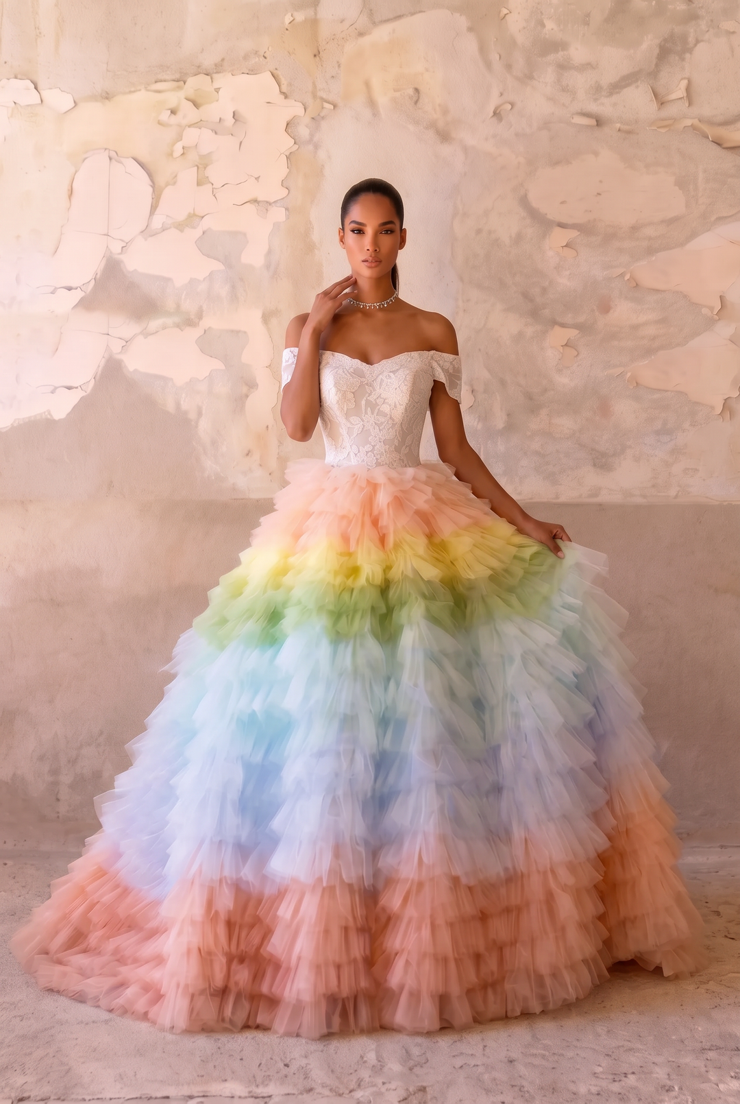 Pink and Blue Tiered Tulle Ball Gown - Off the Shoulder Ball Gown - Corset Tulle Dress with Layered Ruffle Skirt Plus Size