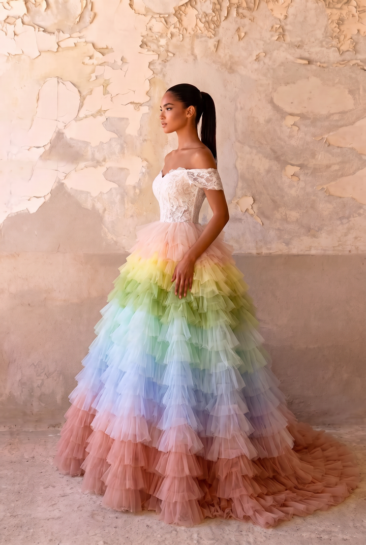 Pink and Blue Tiered Tulle Ball Gown - Off the Shoulder Ball Gown - Corset Tulle Dress with Layered Ruffle Skirt Plus Size