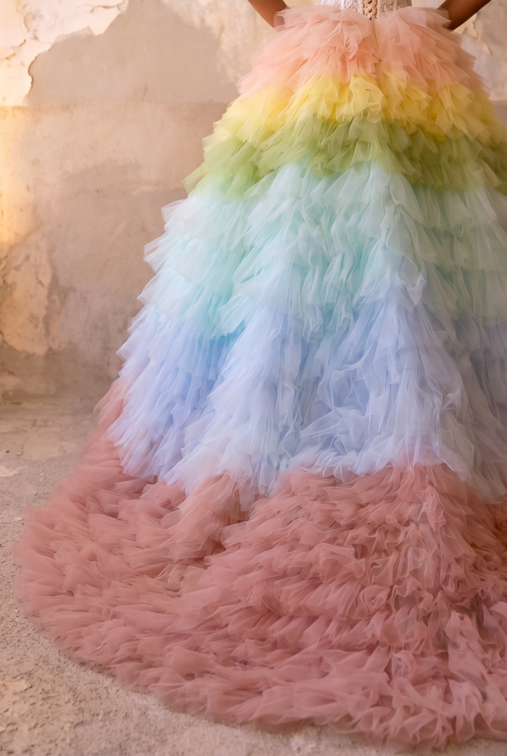 Pink and Blue Tiered Tulle Ball Gown - Off the Shoulder Ball Gown - Corset Tulle Dress with Layered Ruffle Skirt Plus Size