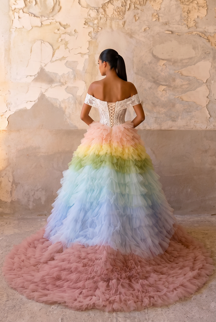 Pink and Blue Tiered Tulle Ball Gown - Off the Shoulder Ball Gown - Corset Tulle Dress with Layered Ruffle Skirt Plus Size
