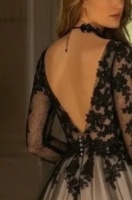 Plus Size Gothic Vintage Black Embroidery A-Line Wedding Dress with Nude Beaded Appliques