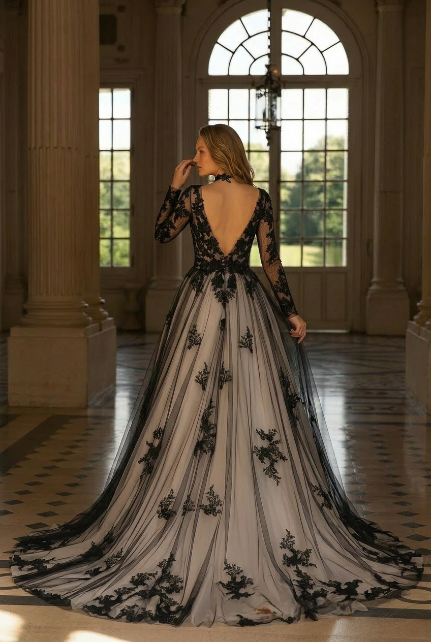 Plus Size Gothic Vintage Black Embroidery A-Line Wedding Dress With NUDE Beaded Appliques US24 / Black OVER NUDE / With Choker +Gloves