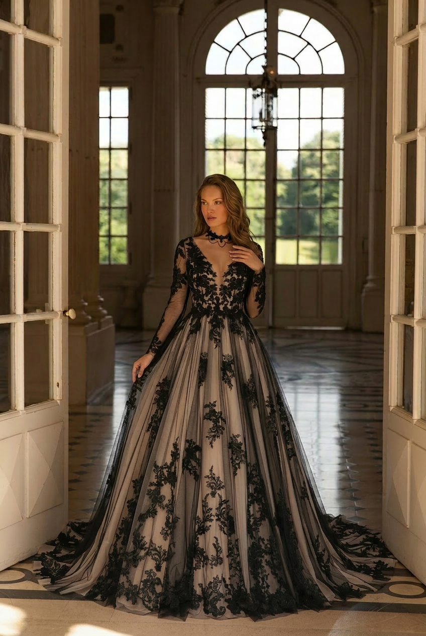Plus Size Gothic Vintage Black Embroidery A-Line Wedding Dress With NUDE Beaded Appliques US24 / Black OVER NUDE / With Choker +Gloves