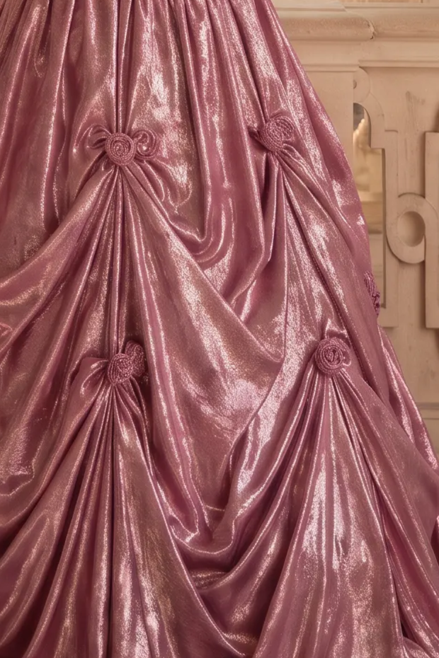 Prom Dress Pink Ball Gown with Draped Skirt – Pink Tulle Ball Gown with Black Velvet Bow and Corset Bodice Plus Size