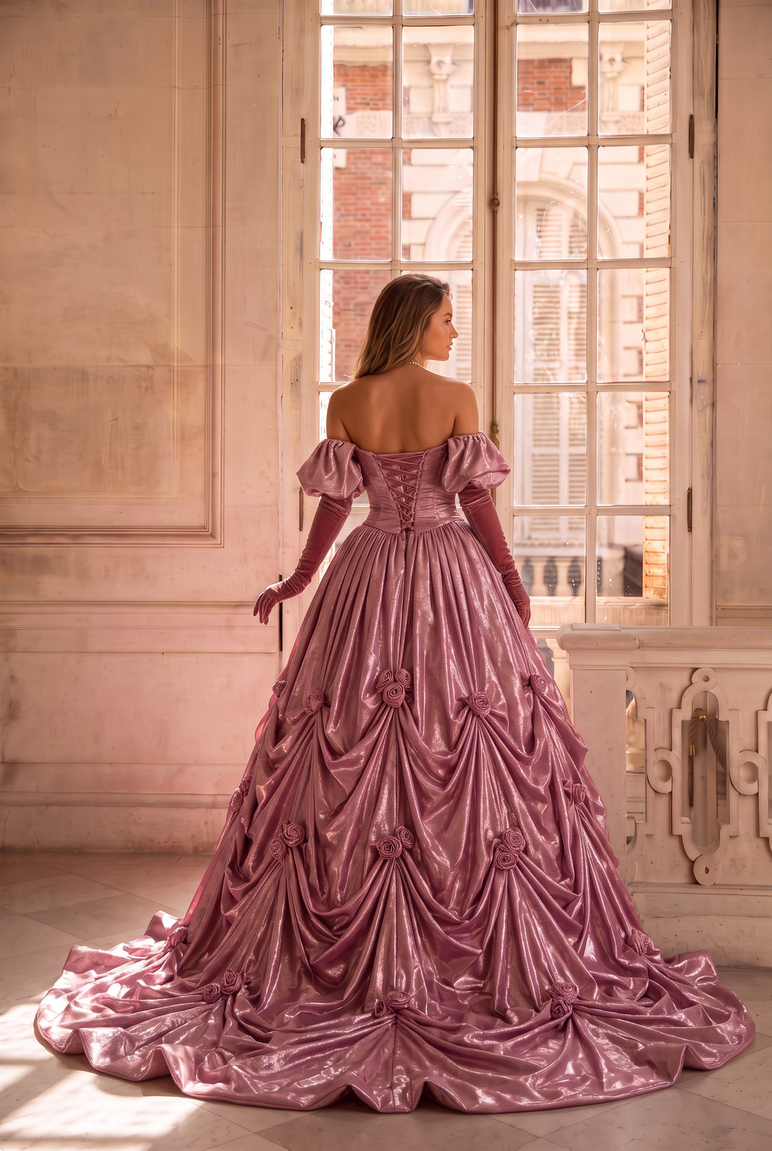 Prom Dress Pink Ball Gown with Draped Skirt – Pink Tulle Ball Gown with Black Velvet Bow and Corset Bodice Plus Size